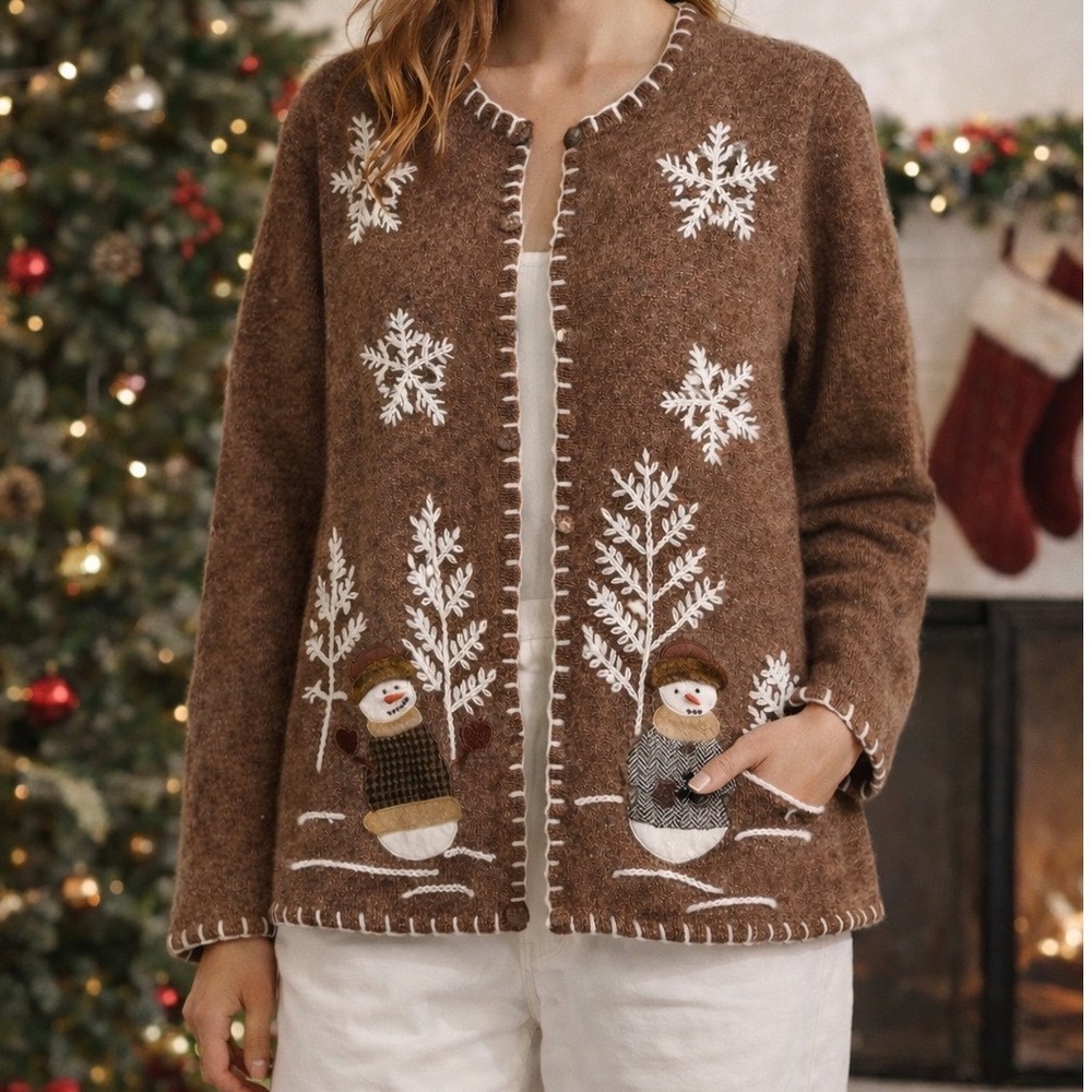 Hampshire Studio SNOW‎ Brown Wool Blend Snowman Snowflake Cardigan Sweater 2X